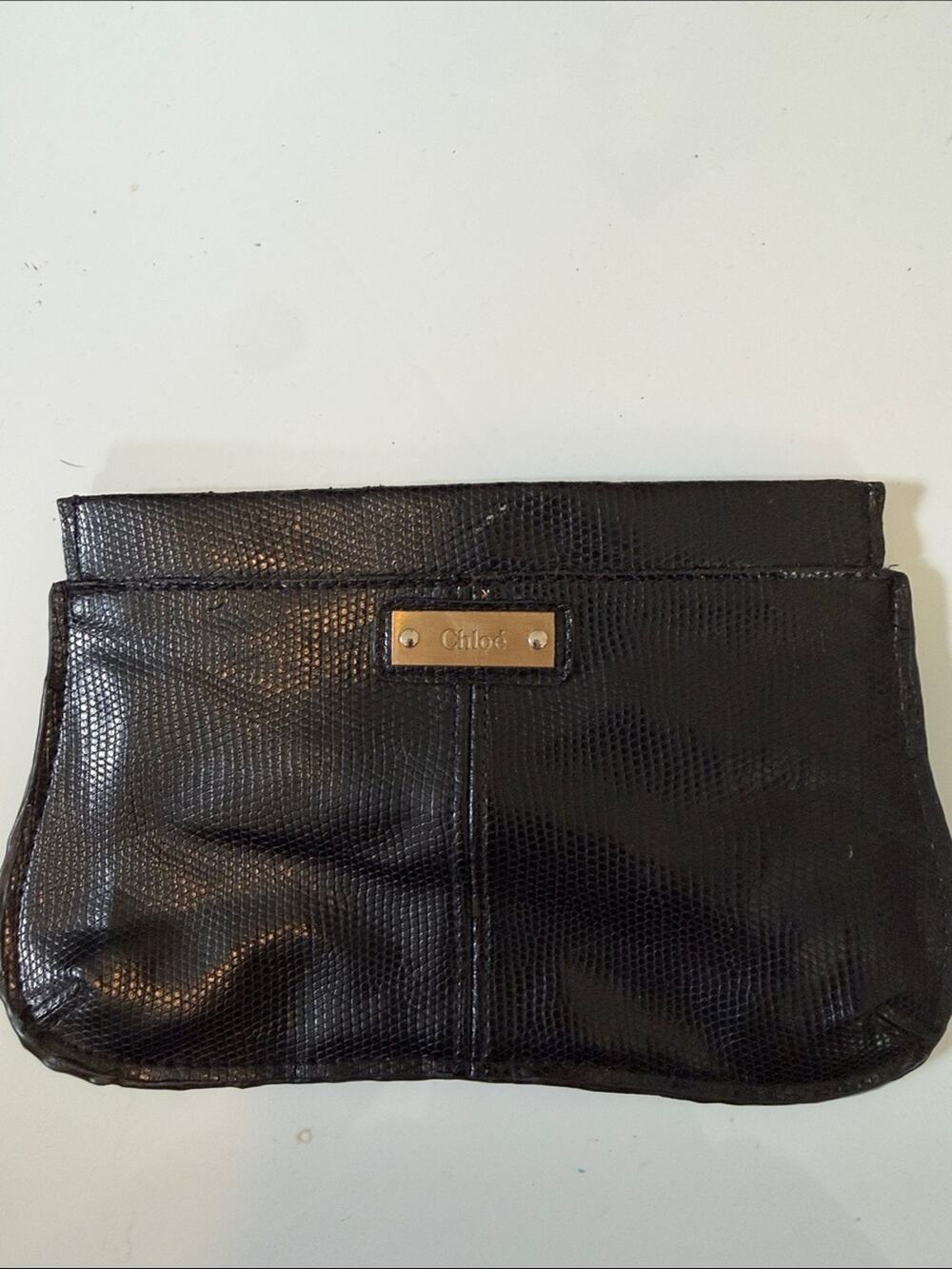 Vintage Chloe Black Textured Leather Clutch with Gold Plaque